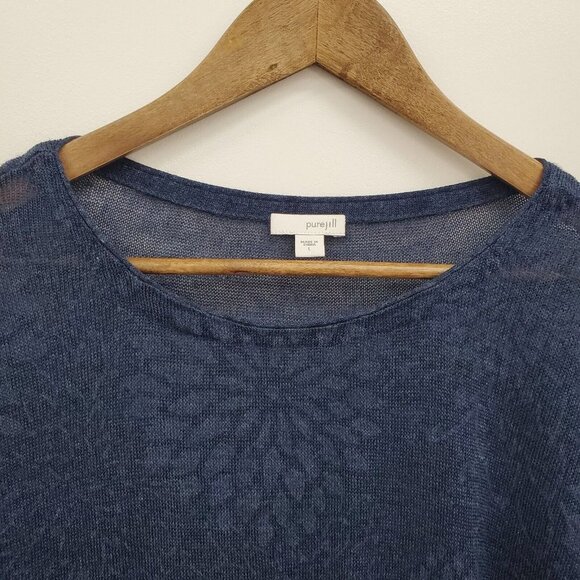 Pure J. Jill Womens Navy Blue Linen Blend Blouse Top Size L Floral Short Sleeve - Picture 9 of 16